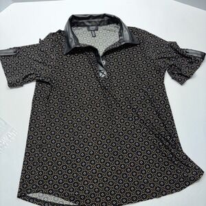 NWT Jones New York Women's Sm Print Black Faux Leather Knit Tunic Top Blouse